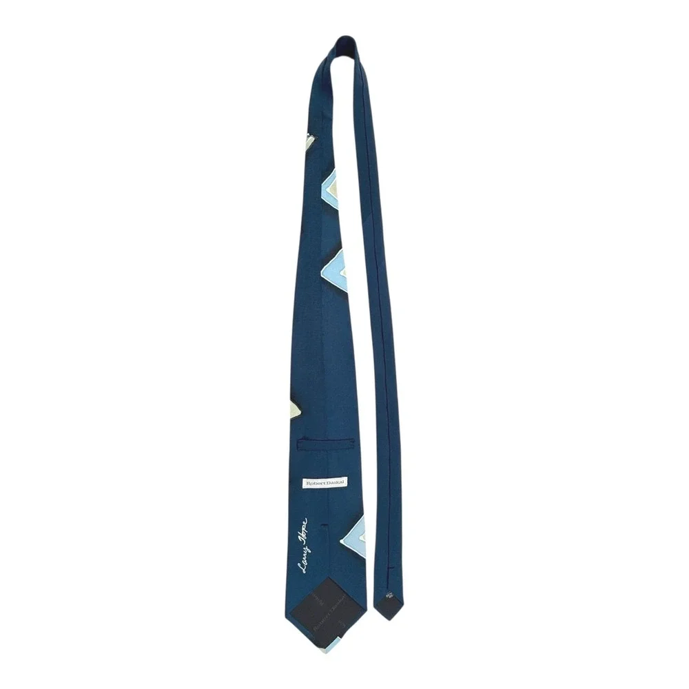 VTG Robert Daskai Silk Hand Painted Artist Signed Tie Geometric Zig‎ Zag Blues